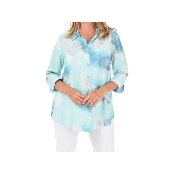 Shana Size Medium Fairy Tale Trees Button Up Aqua Blue Long Sleeve Coastal Shirt - Picture 1 of 14